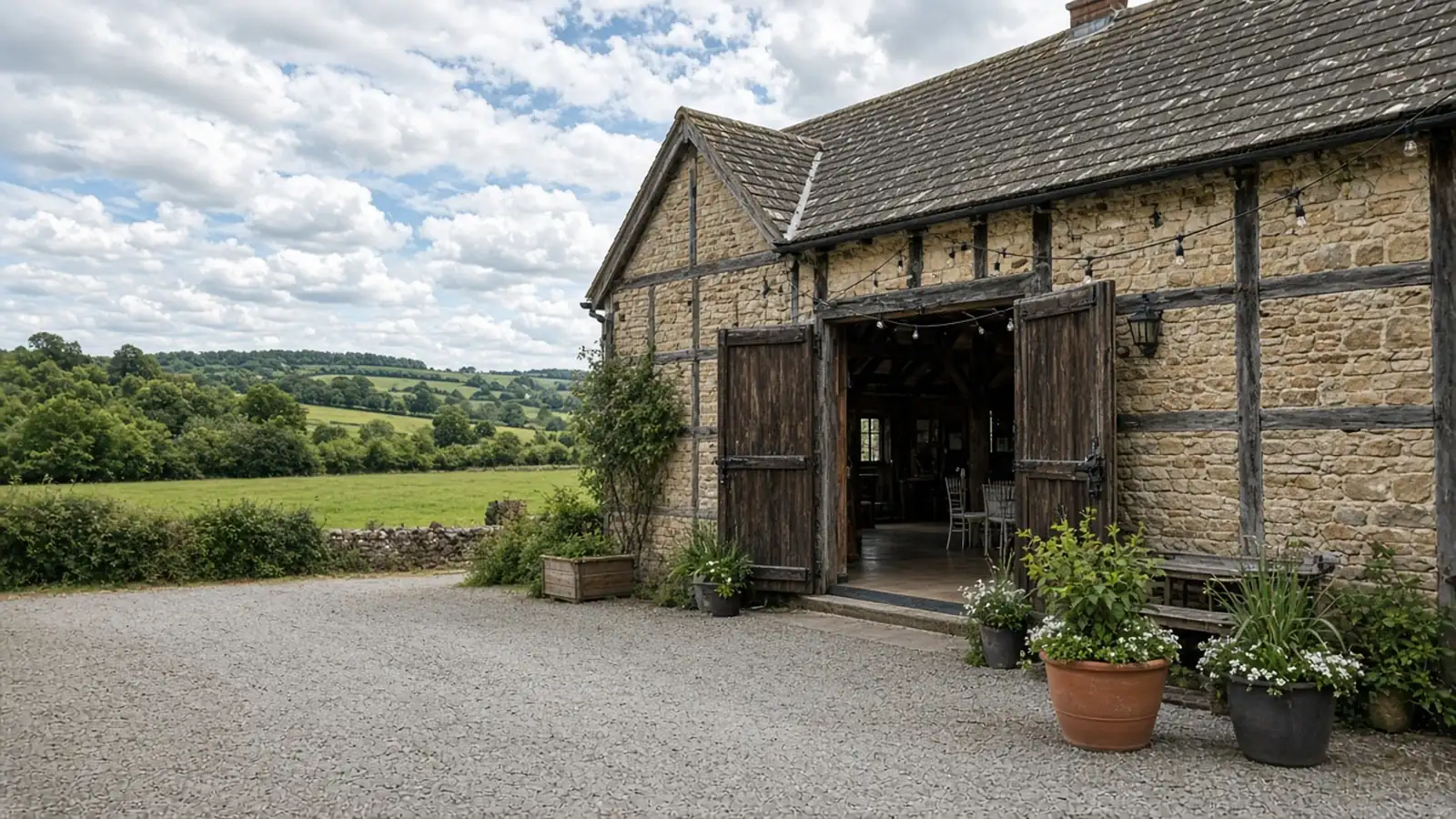 Stone barn wedding venue with its doors open onto a gravel courtyard