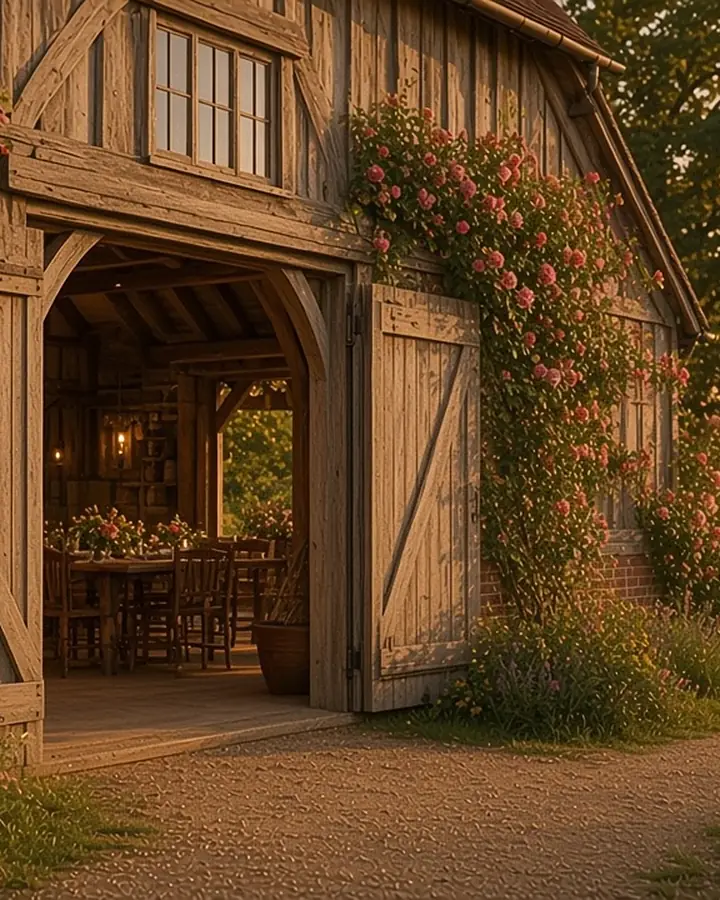 Weathered timber barn doors open onto a candlelit dining room, climbing roses framing the entrance at sunset