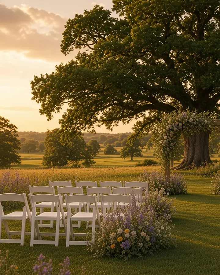 White chairs set out on the lawn beside a flower-dressed arch beneath a great oak, ready for an outdoor ceremony