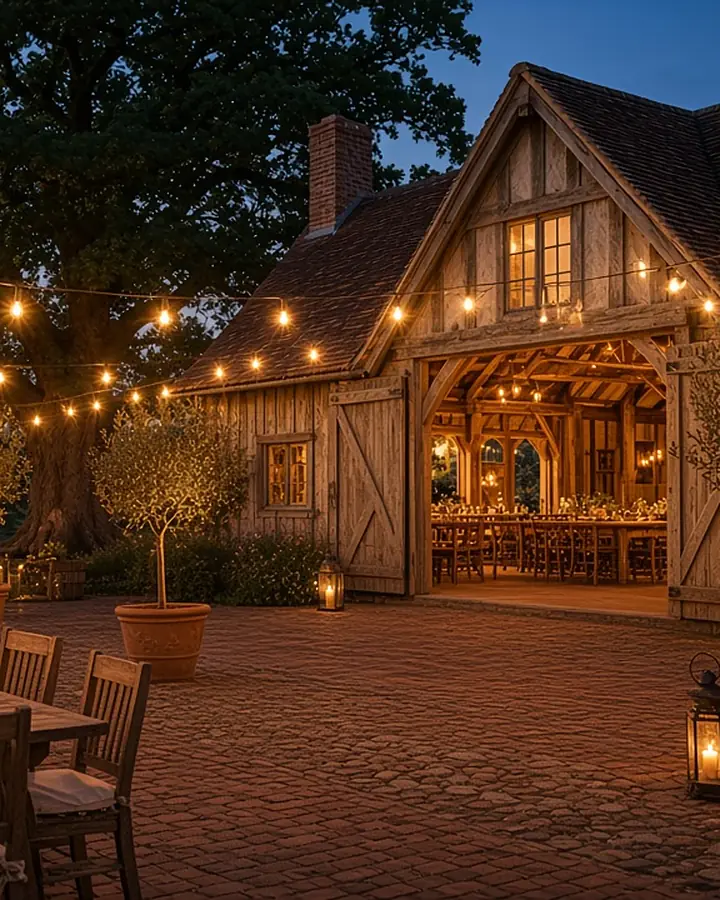 The brick courtyard at dusk, festoon lights strung to the barn and its open doors glowing over tables laid for dinner