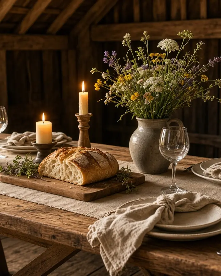A rustic oak table laid in the barn with a jug of wildflowers, a board of fresh bread and candlelight