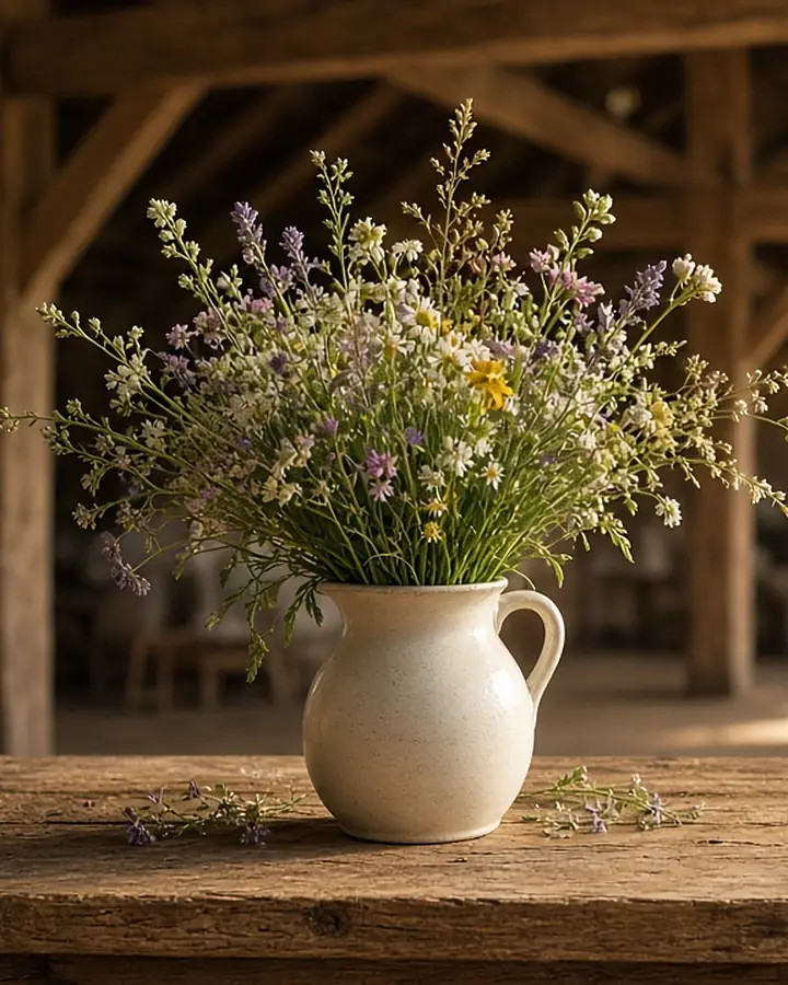 A cream jug of loose meadow flowers on a weathered oak table inside the barn