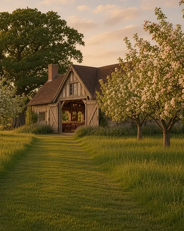 A mown grass path through the orchard towards the oak-framed barn, blossoming fruit trees catching the evening sun