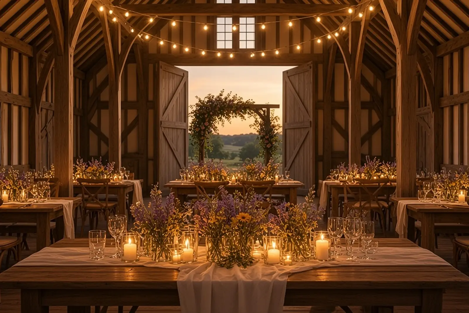 Candlelit wedding tables with linen runners and wildflowers inside the oak-beamed barn, festoon lights overhead and the great doors open to the countryside